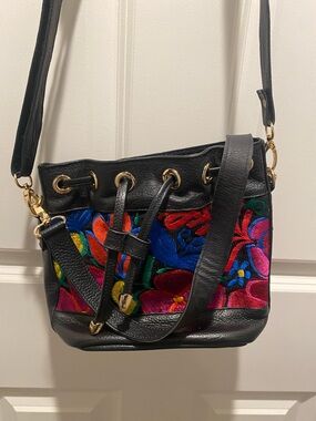 Black Vegan Leather Convertible Crossbody Bag with Multicolor Floral Embroidery